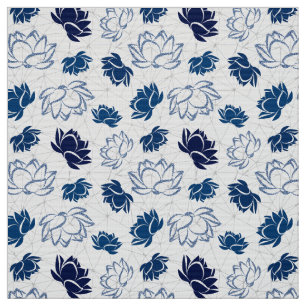 Tela Estampado de plores de Lotus con purpurina azul
