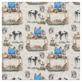 Tela Fabric de diseño repetido de gatos y perros de luj