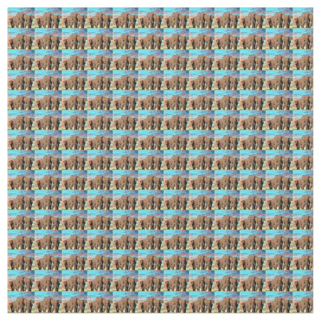 Tela Familia Elefante En El Patrón Del Amanecer, (De cerca)