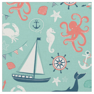 Tela Faro y velero Nautical Aqua Fabric