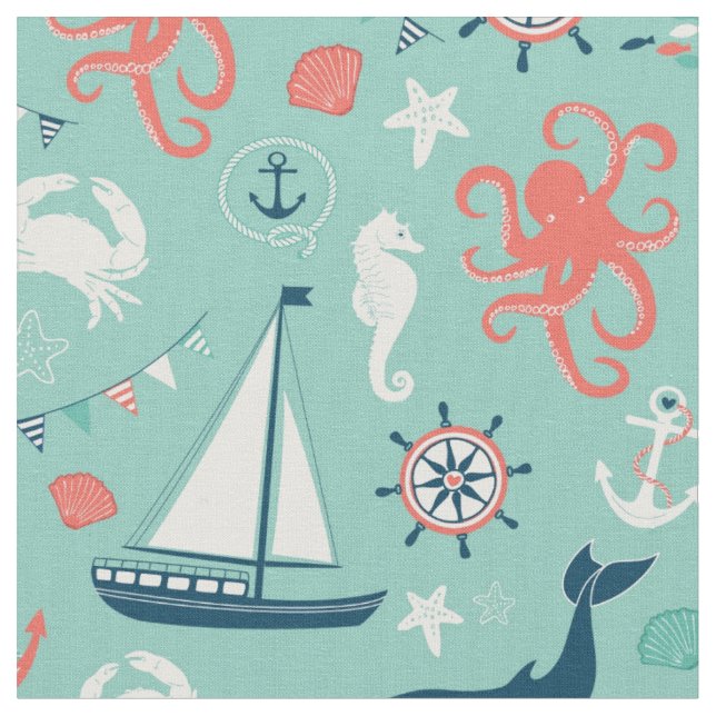 Tela Faro y velero Nautical Aqua Fabric (De cerca)