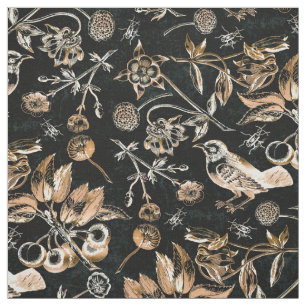 Tela Faux Gold Birds Beetles Flores Fruits de cerezo