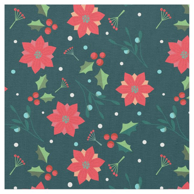 Tela Feliz Navidad Navidad Poinsettia Holly Pattern (De cerca)