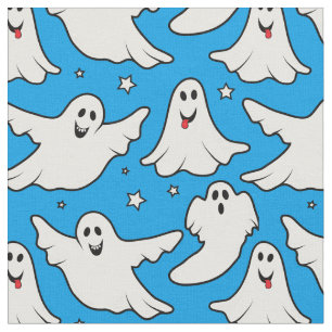 Tela Feliz patrón de Halloween de fantasmas en azul