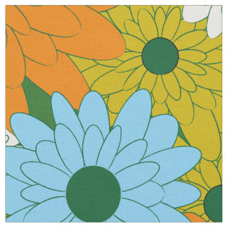 Tela Field of Flowers Green Retro Print