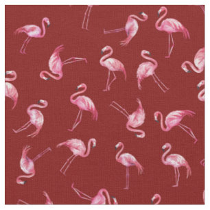 Tela Flamencos de Acuarela Esparcidos sobre Rojo Oscuro