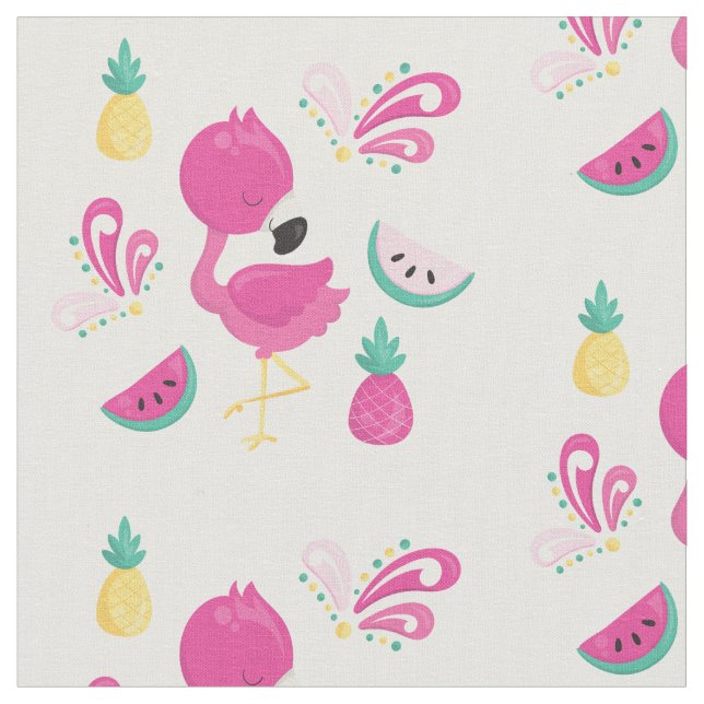 Tela Flamingo rosa con patrón de frutas tropicales (De cerca)