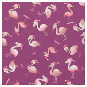 Tela Flamingos de Navidad esparcidos sobre rosa oscuro