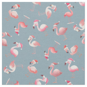 Tela Flamingos de Navidad Lanzados sobre Gris Claro-Azu