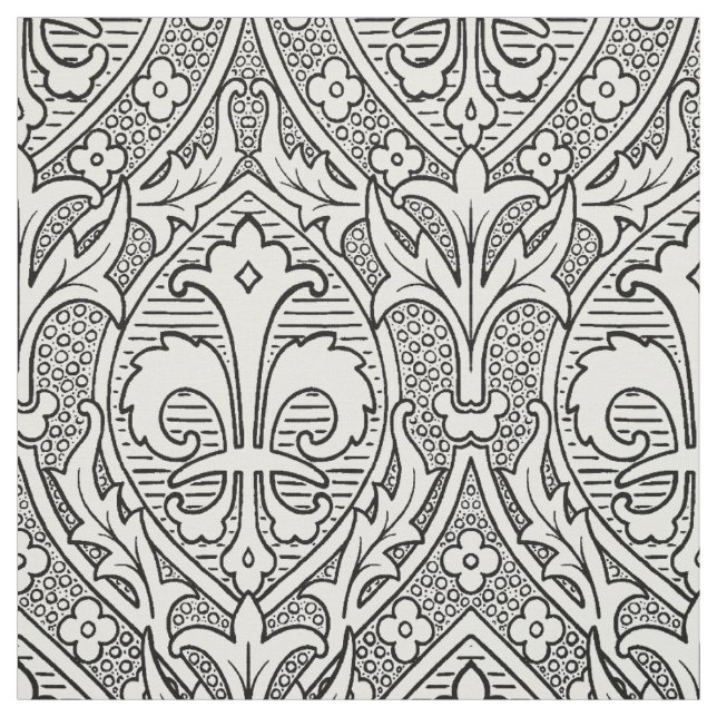 Tela Fleur de Lys, renacimiento gótico - Blanco y negro (Retal)