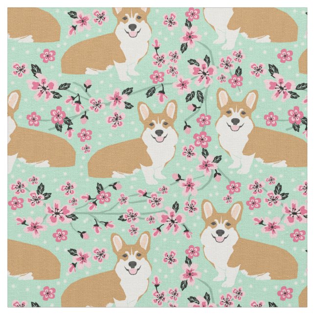 Tela flor de cerezo corgi menta (De cerca)