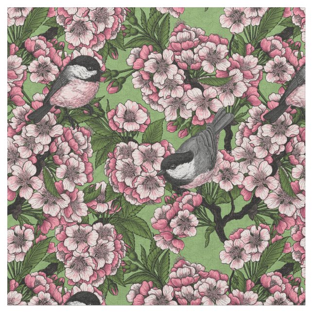 Tela Flor de cerezo y pollos en verde (De cerca)