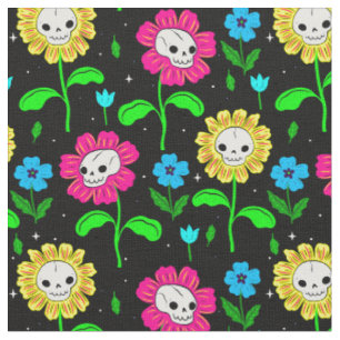 Tela flor de cráneo floral de halloween negro
