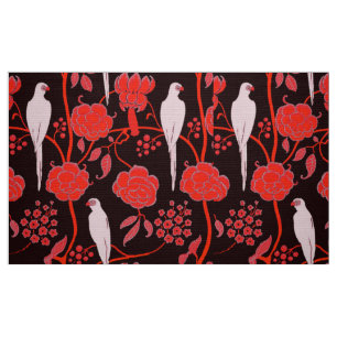 TELA FLORAL ART DECO, FLORES ROJOS NEGROS, PARROS BLANC