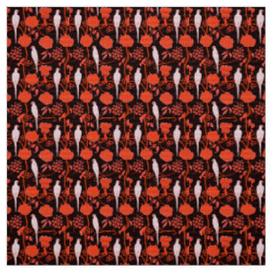 TELA FLORAL ART DECO, FLORES ROJOS NEGROS, PARROS BLANC