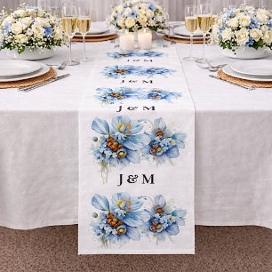 Tela Floral de Boda con Amapolas Azules y Monogram
