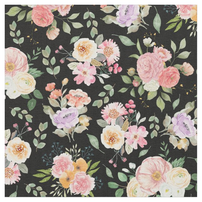 Tela Floral de boho de verano en negro (De cerca)
