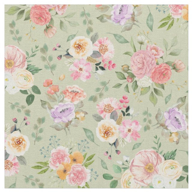 Tela Floral de boho de verano en verde (De cerca)