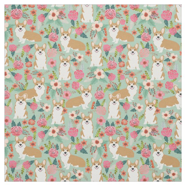 Tela floral del Corgi - menta (Retal)