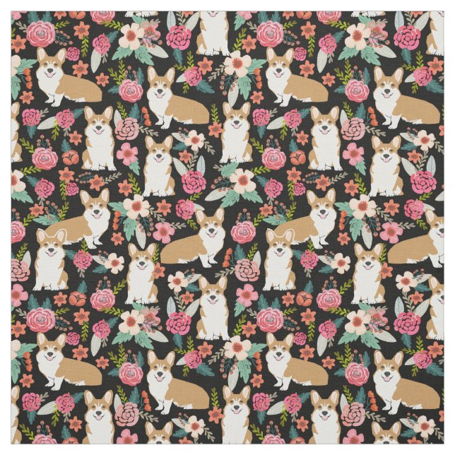 Tela floral del Corgi - negro (Retal)