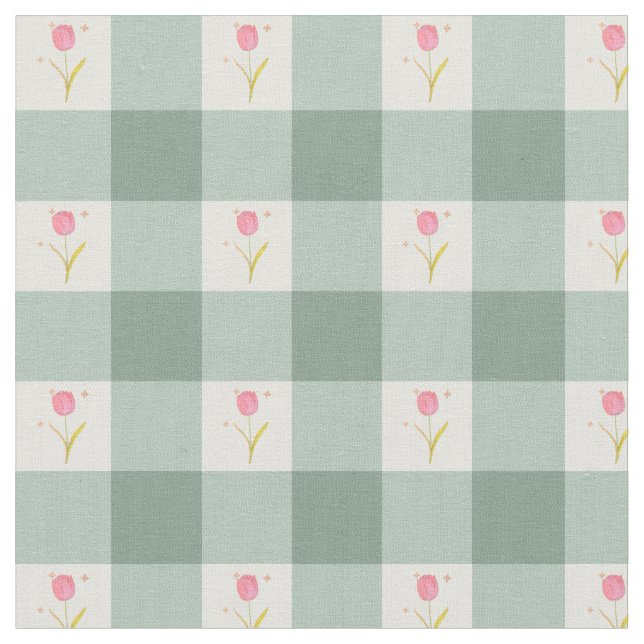Tela Floral Gingham Sage por Yarda (De cerca)