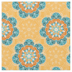 Tela Floral Mandala Tile en Naranja y Verde azulado
