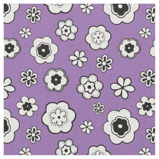 Tela Floral morada, negra y blanca (De cerca)
