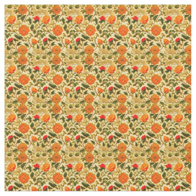 Tela Floral naranja sobre fondo amarillo (De cerca)