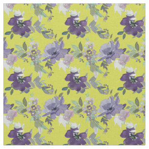 Tela Floral púrpura sobre acuarela amarilla