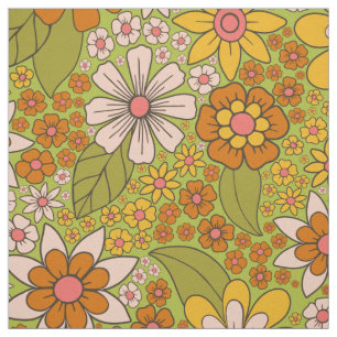 Tela Floral verde y Naranja de los años 1960 y 1970