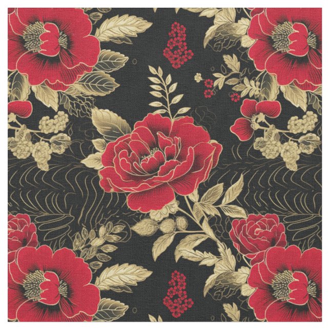 Tela Floreado Rojo Dorado (De cerca)