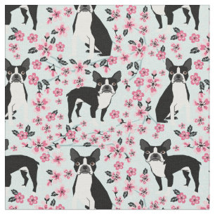Tela Florencia de cerezos de Boston Terriers azul claro