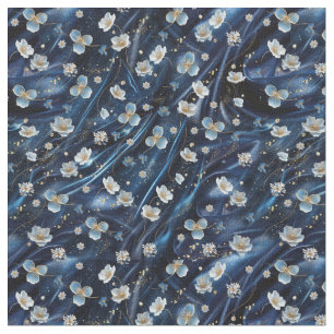 Tela Flores abstractas de blanco y oro en la seda azul 
