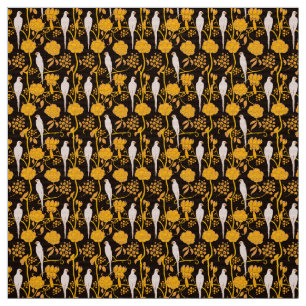 TELA FLORES AMARILLOS ART DECO, PARROS BLANCOS EN NEGRO