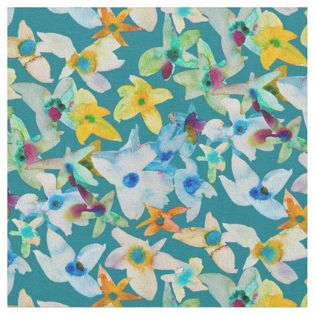 Tela Flores azul acuarela (De cerca)