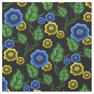 Tela Flores azules/doradas/hojas verdes/flores folclóri