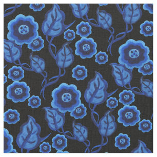 Tela Flores azules/hojas azules/arte folclórico/negro