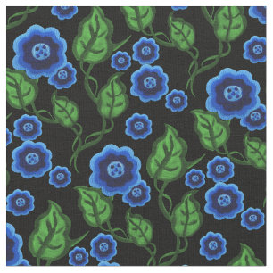 Tela Flores azules/hojas verdes/arte folclórico/negro