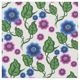 Tela Flores azules/rosas/hojas verdes/flores folclórica