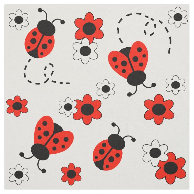 Tela Flores blancas de flor floral de Lady Ladybug Rojo (Retal)
