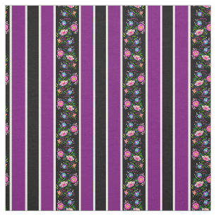 Tela Flores blancas, violetas/folclóricas/rayas/negras