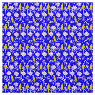 TELA FLORES BLANCOS Y PARROS AMARILLOS EN AZUL