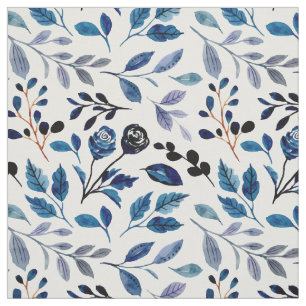 Tela Flores de acuarela azul dejan botánica blanca