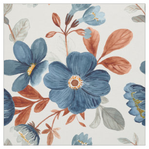 Tela Flores de Acuarela Naranja Quemada Azul Óxido Blan