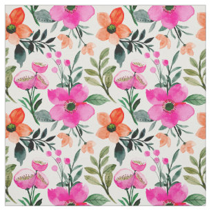 Tela Flores de acuarela naranja rosa Hojas verdes Blanc