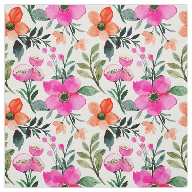 Tela Flores de acuarela naranja rosa Hojas verdes Blanc (Retal)