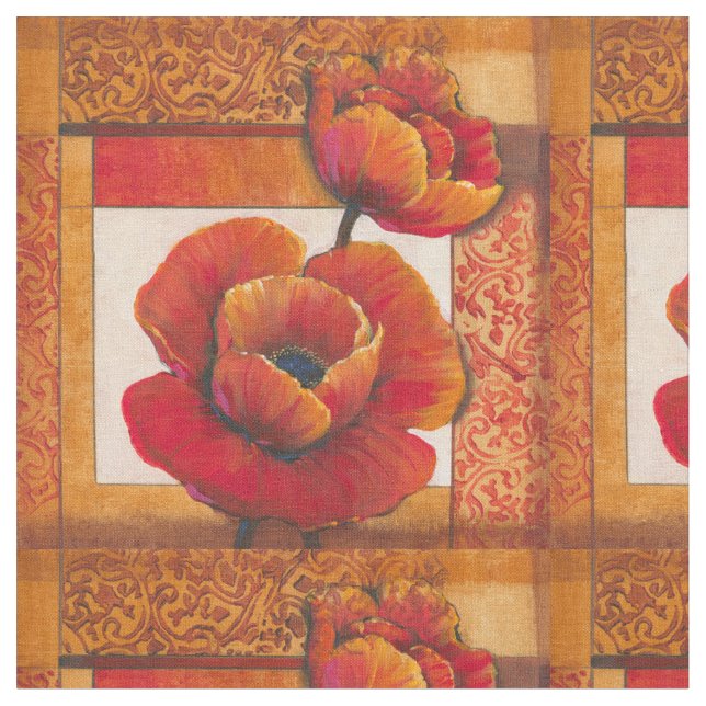 Tela Flores de amapola en Tan y fondo Naranja (De cerca)