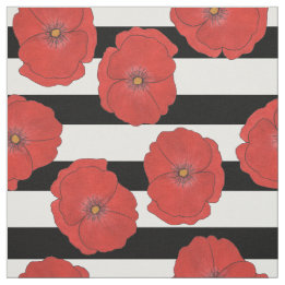 Tela Flores de amapola rojas con rayas negras y blancas