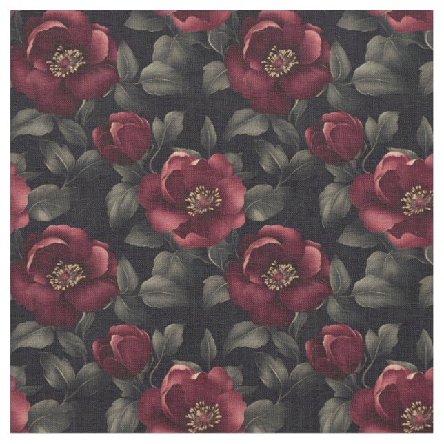 Tela Flores de Borgoña en negro (De cerca)