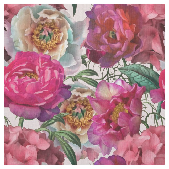 Tela Flores de Hydrangea y Peonias Blancas Rojas (Retal)